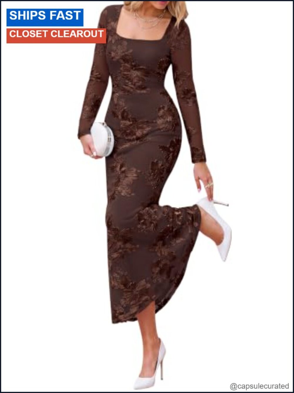Women's Long Sleeve Square Neck Mermaid Floral Maxi Dress Lined